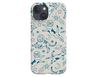 Space Cats Line Art Phone Case: Stars & Moon Cover; Beige Blue