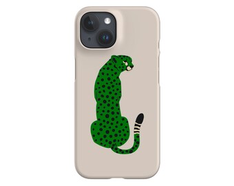 May include: A beige phone case featuring a green cheetah design with black spots. The cheetah is sitting upright with its tail curled. The phone case has a camera cutout at the top.