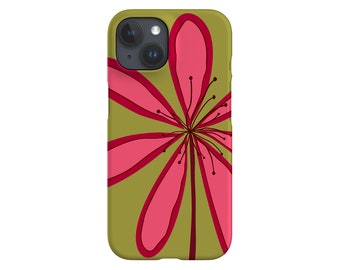 May include: A phone case featuring a stylized floral design. The case has a light olive green background with a large pink flower in the center. The flower has dark red outlines and details.