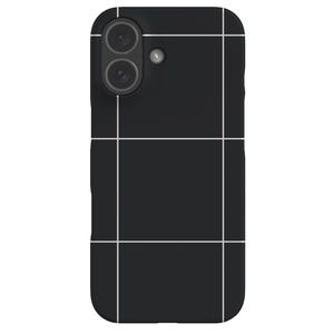 May include: A black smartphone case featuring a white grid pattern consisting of thin vertical and horizontal lines. The case has a cutout for a dual-lens camera system and a flash, positioned in the upper left corner of the rectangular cover.