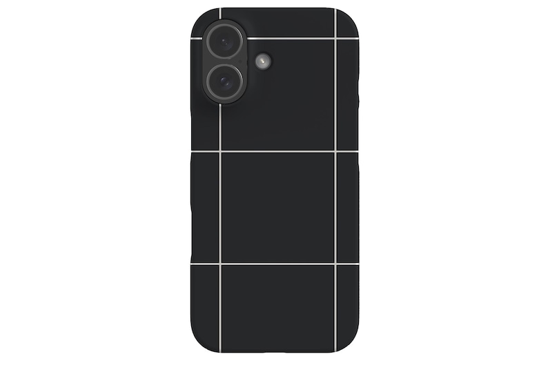 May include: A black smartphone case featuring a white grid pattern consisting of thin vertical and horizontal lines. The case has a cutout for a dual-lens camera system and a flash, positioned in the upper left corner of the rectangular cover.