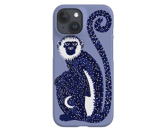 May include: A blue and white phone case with a stylized illustration of a monkey with a crescent moon on its tail. The monkey is sitting on a light blue background.