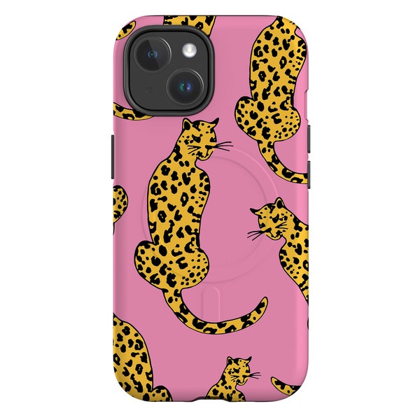 Custodia per iPhone Leopard MagSafe / Modello estetico di gatti Safari animali Wireless Edizione limitata / Custodia per telefono per iPhone 15+ Pro Max / Rosa