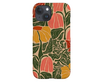 May include: A phone case with a floral pattern featuring yellow, orange, red, and green flowers on a beige background.