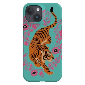 May include: A turquoise phone case featuring a tiger illustration in orange and black stripes. The tiger is surrounded by pink and black floral designs.