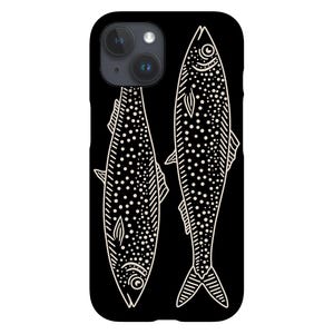 Könnte beinhalten: Schwarze Handyhülle mit einer weißen Umrandung von zwei Fischen. Die Fische sind einander gegenüber und haben ein gepunktetes Muster.