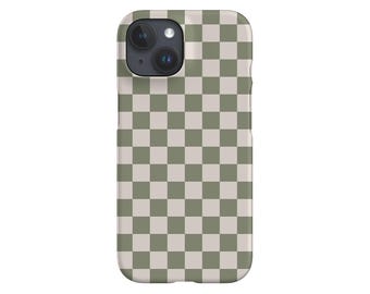 May include: A phone case with a checkerboard pattern in muted green and beige. The case has a camera cutout and button placements. The design is a simple, geometric pattern, suitable for a modern aesthetic.