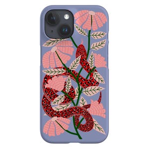 May include: A phone case with a blue background and a red and black snake wrapped around pink flowers.