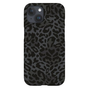 May include: A black and grey leopard print phone case. The case has a matte finish and a repeating pattern of dark grey spots on a lighter grey background. The phone case has a camera cutout.