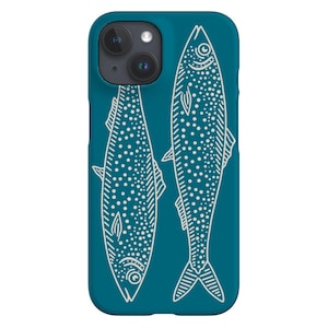 Könnte beinhalten: Eine tealblaue Handyhülle mit einer weißen Umrandung von zwei Fischen. Die Fische sind einander gegenüber und haben ein gepunktetes Muster.