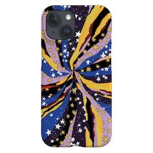以下が含まれることがあります： 黄色、青、黒、ピンクのストライプが渦巻くカラフルな携帯電話ケース。ケースは白と黄色の星で覆われています。