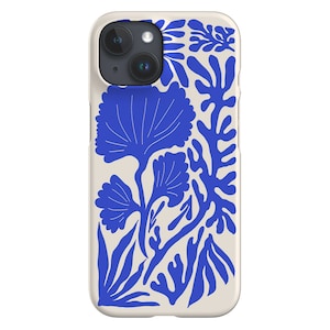 Könnte beinhalten: Eine weiße Handyhülle mit einem blauen Blumenmuster. Das Design zeigt stilisierte Blätter und Blumen.