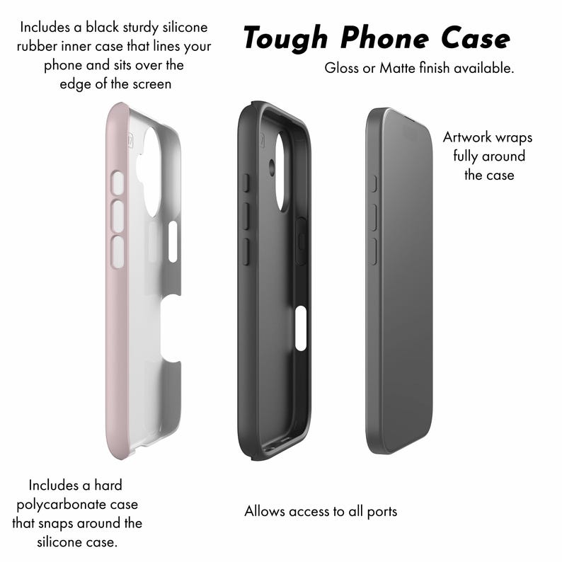 May include: A tough phone case featuring a black sturdy silicone rubber inner layer and a hard polycarbonate outer shell. The design allows for full port access, with artwork wrapping around the case. Available in either a gloss or matte finish.