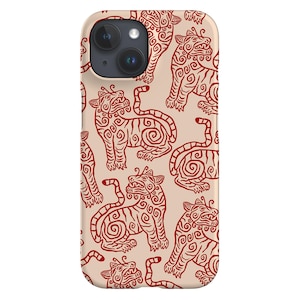 May include: A phone case featuring a repeating pattern of stylized red tigers on a beige background. The tigers have intricate swirl and line details, with some in a standing pose and others seated.