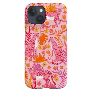 Cheetah Busy Jungle Phone Case | Tropical Leopard | Cover for iPhone 16 15 14 13 12 SE Max Pro - Samsung Galaxy S24 - Google Pixel 8 | Pink