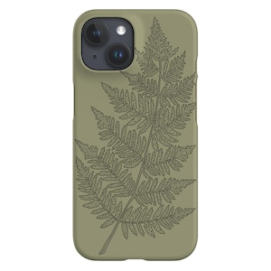 Puede incluir: Una funda de teléfono verde con un diseño de helecho. La funda tiene un recorte para el objetivo de la cámara.