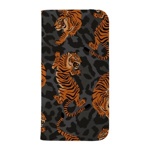 Funda tipo cartera con estampado de leopardo y tigres, de piel vegana, con diseño de animales, para iPhone 16, 15, 14, 13, 12 y 11 SE Max Pro - Samsung Galaxy S24/gris
