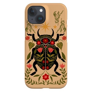 Blumen Käfer Handyhülle | Volkskunst Insekt | Hülle für iPhone 16 15 14 13 12 SE Max Pro - Samsung Galaxy S24 - Google Pixel 8 | Creme Schwarz