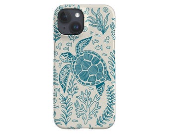 Funda para teléfono con diseño de tortuga marina: Arte de arrecife de coral, color beige y azul, para iPhone, Galaxy y Pixel.
