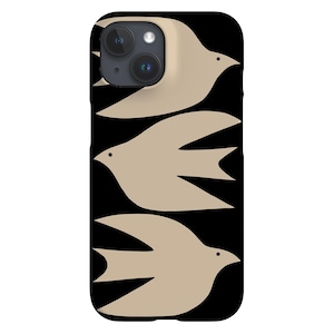 Pode incluir: Capa de telefone preta com um padrão de três pássaros estilizados bege. A capa tem um recorte para a câmera e um fundo preto.