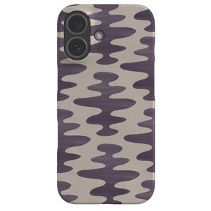Può includere: Custodia per smartphone con un motivo ripetuto di forme ondulate viola scuro su sfondo beige chiaro. La custodia ha una fotocamera a doppia lente e un flash nella parte superiore. Il design è astratto e moderno.