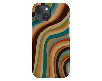 May include: A smartphone case with a retro-style wavy pattern. The design features curved stripes in shades of brown, teal, orange, and tan. The case is designed to fit a smartphone and has a camera cutout.