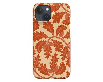 May include: A phone case featuring a repeating pattern of orange oak leaves and acorns on a cream background. The design has a vintage, botanical aesthetic. The case is designed to fit a smartphone.