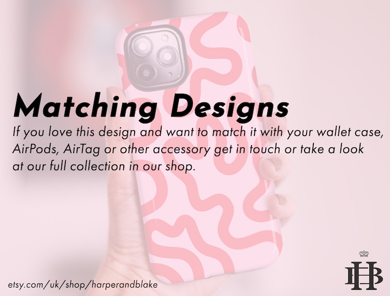 May include: A pink phone case with a wavy, abstract design in a lighter shade of pink. The text "Matching Designs" is displayed in black, along with additional text about matching accessories. The Etsy shop URL is visible.
