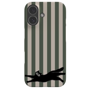 May include: A phone case featuring a vertical striped design in olive green and beige. A black cat silhouette is stretched across the bottom. The case has a camera module at the top.