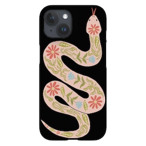 May include: Black smartphone case with a decorative snake design. The snake is light pink, decorated with red and blue flowers, and green leaves. The case has a glossy finish and is designed to fit a smartphone.