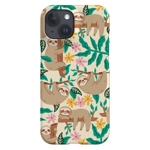 May include: A phone case with a pattern of sloths hanging from branches with green leaves and pink and yellow flowers on a cream background.