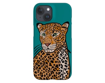 Funda de teléfono con diseño de leopardo de cerca / Safari Wild Cat / Funda para iPhone 16, 15, 14, 13, 12 SE Max Pro - Samsung Galaxy S24 - Google Pixel 8 / Turquesa