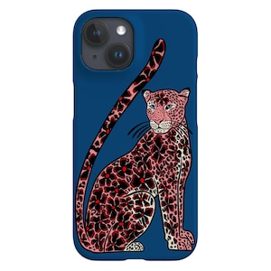 May include: A blue phone case with a pink and black leopard print design. The leopard is sitting with its tail curled around its body.