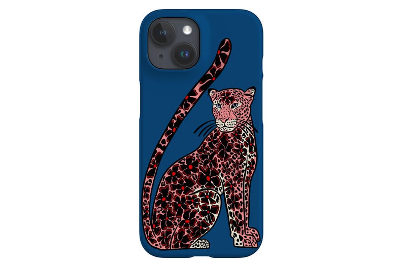 May include: A blue phone case with a pink and black leopard print design. The leopard is sitting with its tail curled around its body.