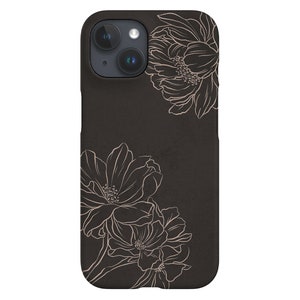 May include: A dark brown phone case featuring a floral design. The case has a matte finish and a detailed outline of flowers in a lighter shade. The flowers are positioned in the upper right and lower left corners.