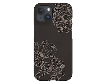 Handyhülle mit Pfingstrosen-Strichzeichnung | Florale Pfingstrose | Schutzhülle für iPhone 16, 15, 14, 13, 12, SE Max, Pro, Samsung Galaxy S24, Google Pixel 8 | Ash
