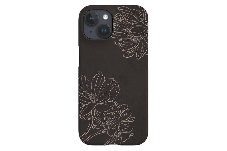 May include: A dark brown phone case featuring a floral design. The case has a matte finish and a detailed outline of flowers in a lighter shade. The flowers are positioned in the upper right and lower left corners.