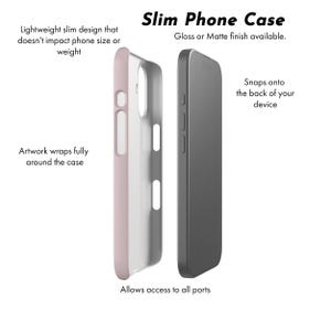 May include: A slim phone case with a light pink exterior and white interior, shown alongside a dark gray smartphone. The case features a lightweight design, full artwork wrap, and port access. Text includes Slim Phone Case, Gloss or Matte finish available.