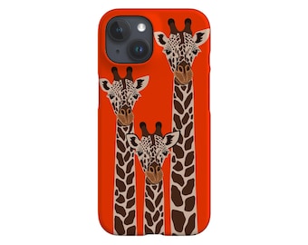 May include: A phone case with a bright orange background featuring three giraffes with brown and tan patterned necks and heads. The giraffes are peeking over the top of the case.