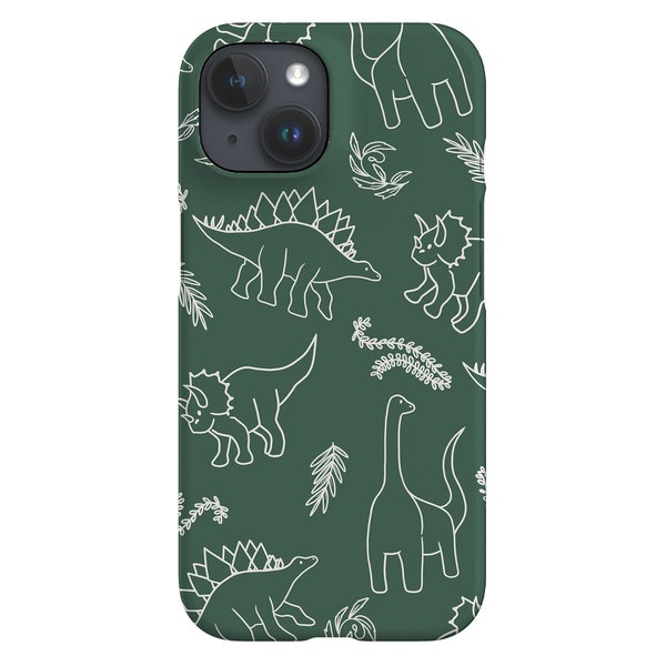 Dinosaurs Phone Case - Cover for iPhone 13 12 11 XS Max Pro - Samsung Galaxy S21 - Google Pixel - Cute Kawaii Dino Plants Line Art - Khaki