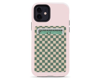 Checkered Unique Phone Card Holder Wallet | Aesthetic Check Pattern Y2K | Vegan Sustainable Eco Paper Leather | Credit Card Holder | Green