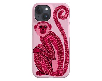 May include: A pink phone case with a red monkey design. The monkey is sitting with its tail curled up behind it.