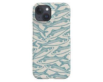 Fish Scatter Phone Case | Line Art Sea Ocean | Cover for iPhone 16 15 14 13 12 SE Max Pro - Samsung Galaxy S24 - Google Pixel 8 | Beige Blue