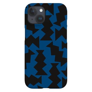 May include: A smartphone case with a blue background and a repeating black geometric pattern. The case has a camera cutout and is designed to fit a smartphone. The pattern consists of irregular, jagged shapes.