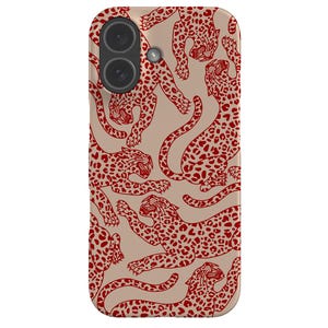 May include: A phone case with a repeating pattern of red leopard illustrations on a beige background. The leopards are in various poses, with spots and detailed outlines. The case has a dual-lens camera cutout.