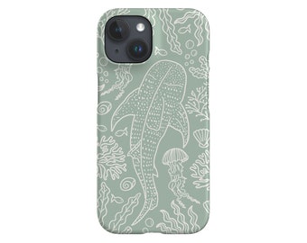 May include: A light green phone case with a white outline of a whale shark, coral, and jellyfish. The phone case is designed for an iPhone.