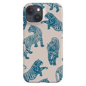 Funda con estampado de tigres, diseño de felino salvaje, para iPhone 16, 15, 14, 13, 12 SE Max Pro, Samsung Galaxy S24 y Google Pixel 8, color beige y azul