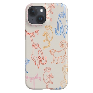 May include: A white iPhone case with a pattern of colorful monkeys. The monkeys are outlined in blue, orange, and red. The case has a camera cutout and a white background.
