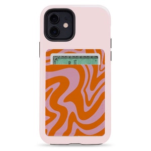 Abstract Wave Unique Phone Card Holder Wallet Aesthetic Y2K Swirl Vegan Sustainable Eco Paper Leather Credit Card Holder Pink Orange Portrait - 1 Card
