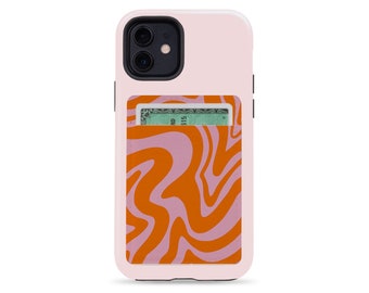 Portefeuille unique de porte-cartes de téléphone Abstract Wave | Tourbillon esthétique de l’an 2000 | Cuir de papier écologique durable végétalien | Titulaire de la carte de crédit | Rose Orange